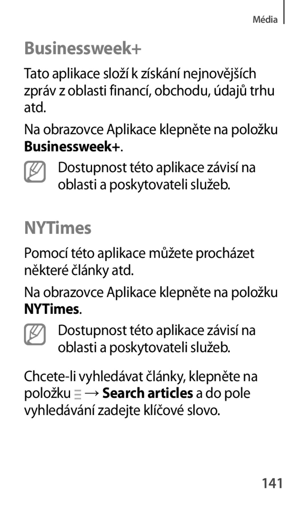 Samsung GT-P5200MKAXEO, GT-P5200ZWAEUR, GT-P5200ZWAXEO, GT-P5200MKAATO, GT-P5200ZWATPL manual Businessweek+, NYTimes, 141 