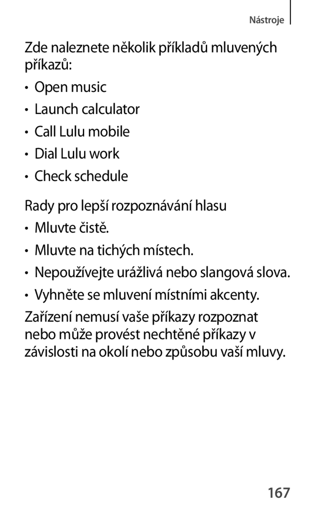 Samsung GT-P5200MKAATO, GT-P5200ZWAEUR, GT-P5200ZWAXEO, GT-P5200ZWATPL manual Vyhněte se mluvení místními akcenty, 167 