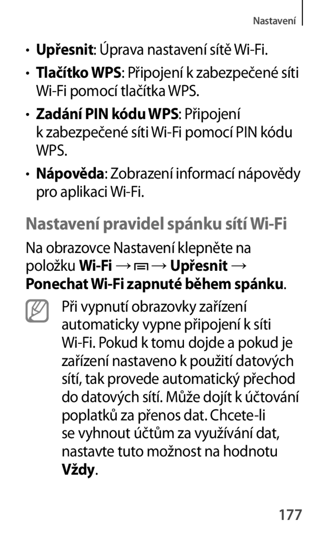 Samsung GT-P5200MKAEUR, GT-P5200ZWAEUR manual Zadání PIN kódu WPS Připojení, Ponechat Wi-Fi zapnuté během spánku, Vždy, 177 