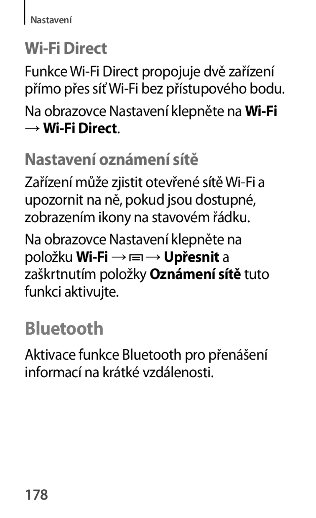 Samsung GT-P5200ZWAPRT, GT-P5200ZWAEUR, GT-P5200ZWAXEO, GT-P5200MKAATO manual Nastavení oznámení sítě, → Wi-Fi Direct, 178 