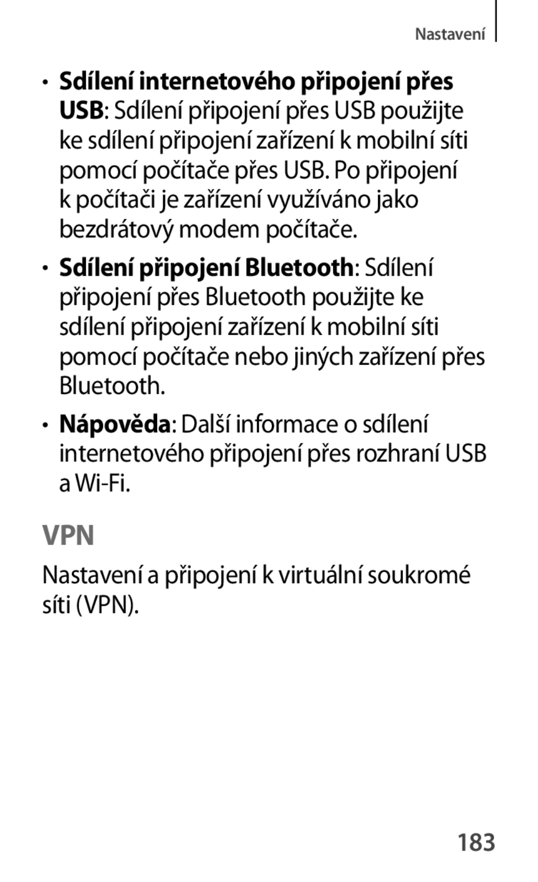 Samsung GT-P5200ZWATPL Sdílení internetového připojení přes, Nastavení a připojení k virtuální soukromé síti VPN, 183 