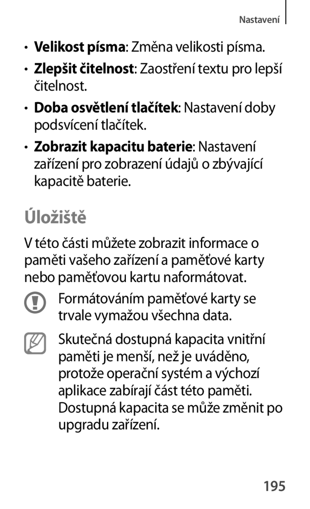 Samsung GT-P5200ZWAEUR, GT-P5200ZWAXEO, GT-P5200MKAATO Úložiště, Zlepšit čitelnost Zaostření textu pro lepší čitelnost, 195 