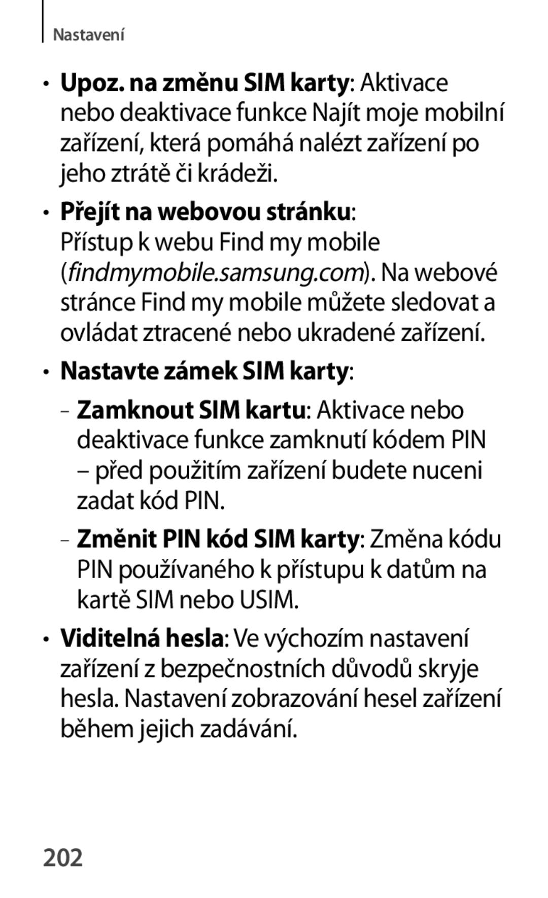 Samsung GT-P5200MKAXEZ manual Přejít na webovou stránku, Přístup k webu Find my mobile, Nastavte zámek SIM karty, 202 