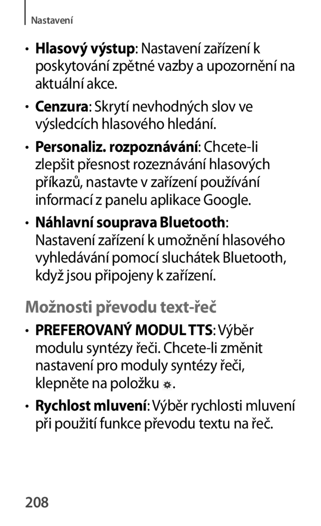 Samsung GT-P5200ZWAPRT, GT-P5200ZWAEUR, GT-P5200ZWAXEO manual Možnosti převodu text-řeč, Náhlavní souprava Bluetooth, 208 