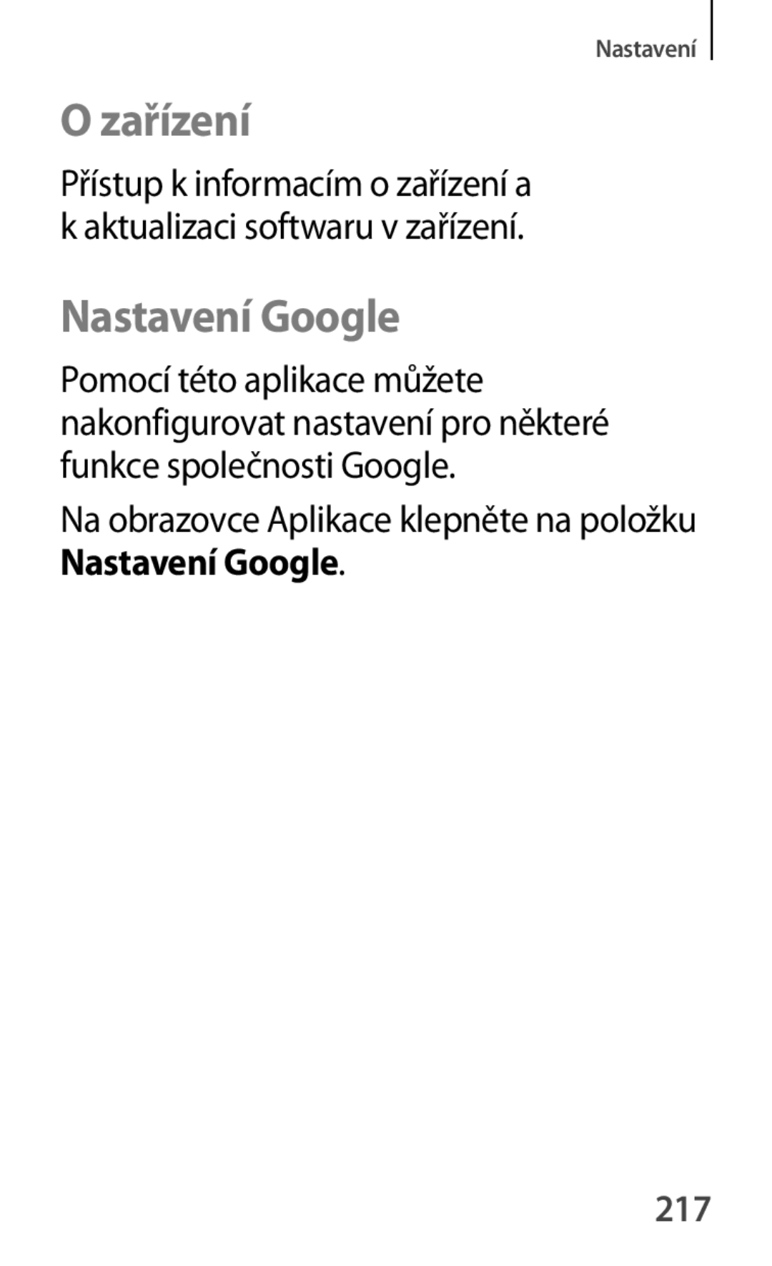 Samsung GT-P5200MKAXEZ, GT-P5200ZWAEUR, GT-P5200ZWAXEO, GT-P5200MKAATO, GT-P5200ZWATPL manual Zařízení, Nastavení Google, 217 