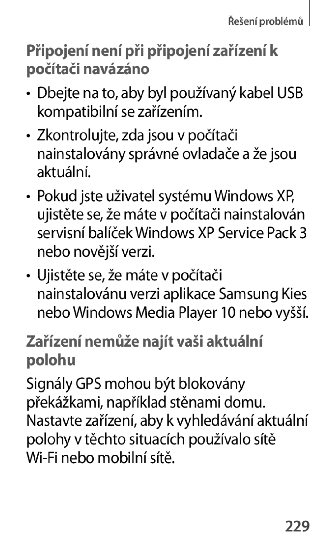 Samsung GT-P5200ZWADRE, GT-P5200ZWAEUR, GT-P5200ZWAXEO manual Připojení není při připojení zařízení k počítači navázáno, 229 