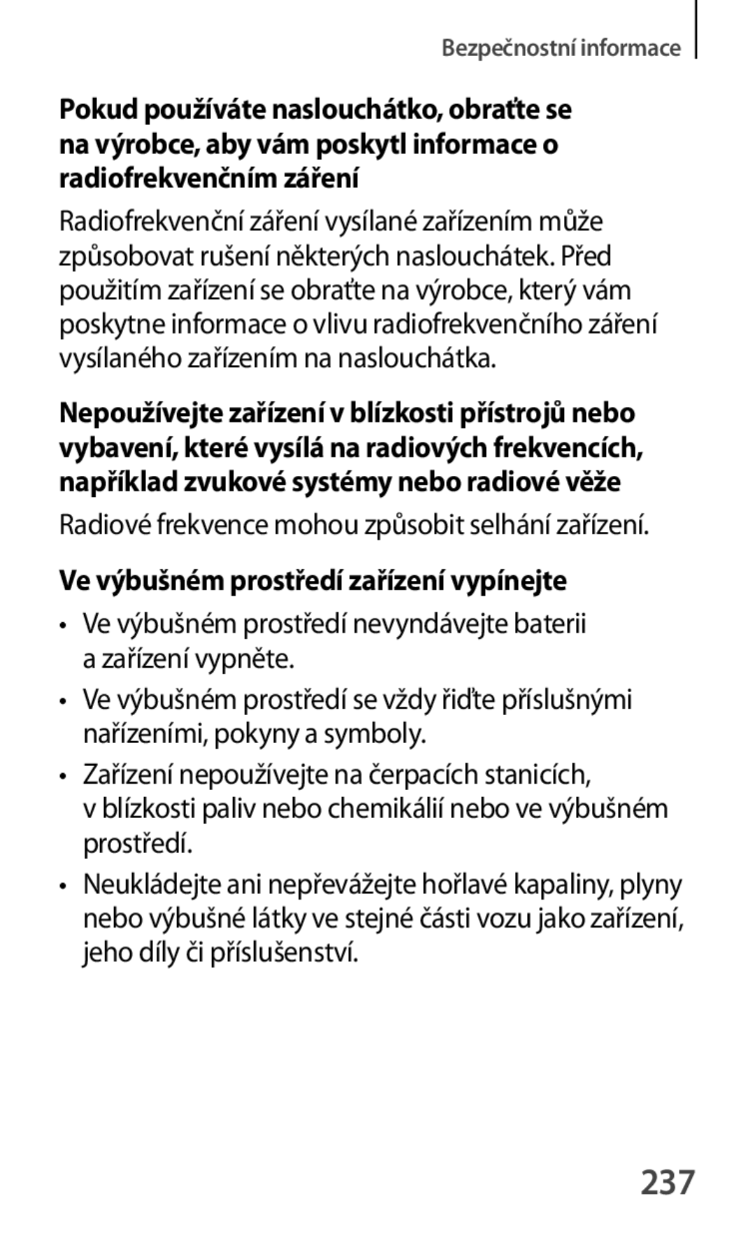 Samsung GT-P5200MKAEUR, GT-P5200ZWAEUR, GT-P5200ZWAXEO, GT-P5200MKAATO manual 237, Ve výbušném prostředí zařízení vypínejte 