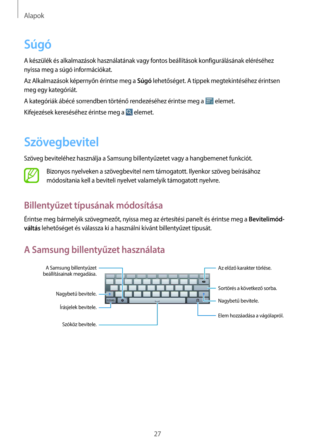 Samsung GT-P5200MKAXEZ manual Súgó, Szövegbevitel, Billentyűzet típusának módosítása, Samsung billentyűzet használata 