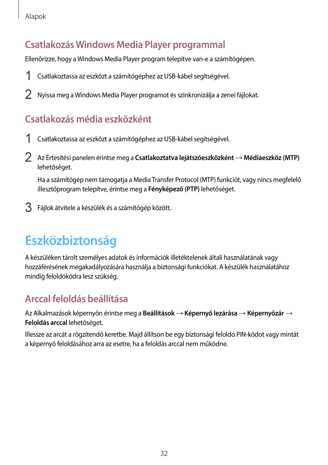 Samsung GT-P5200MKAROM manual Eszközbiztonság, Csatlakozás Windows Media Player programmal, Csatlakozás média eszközként 