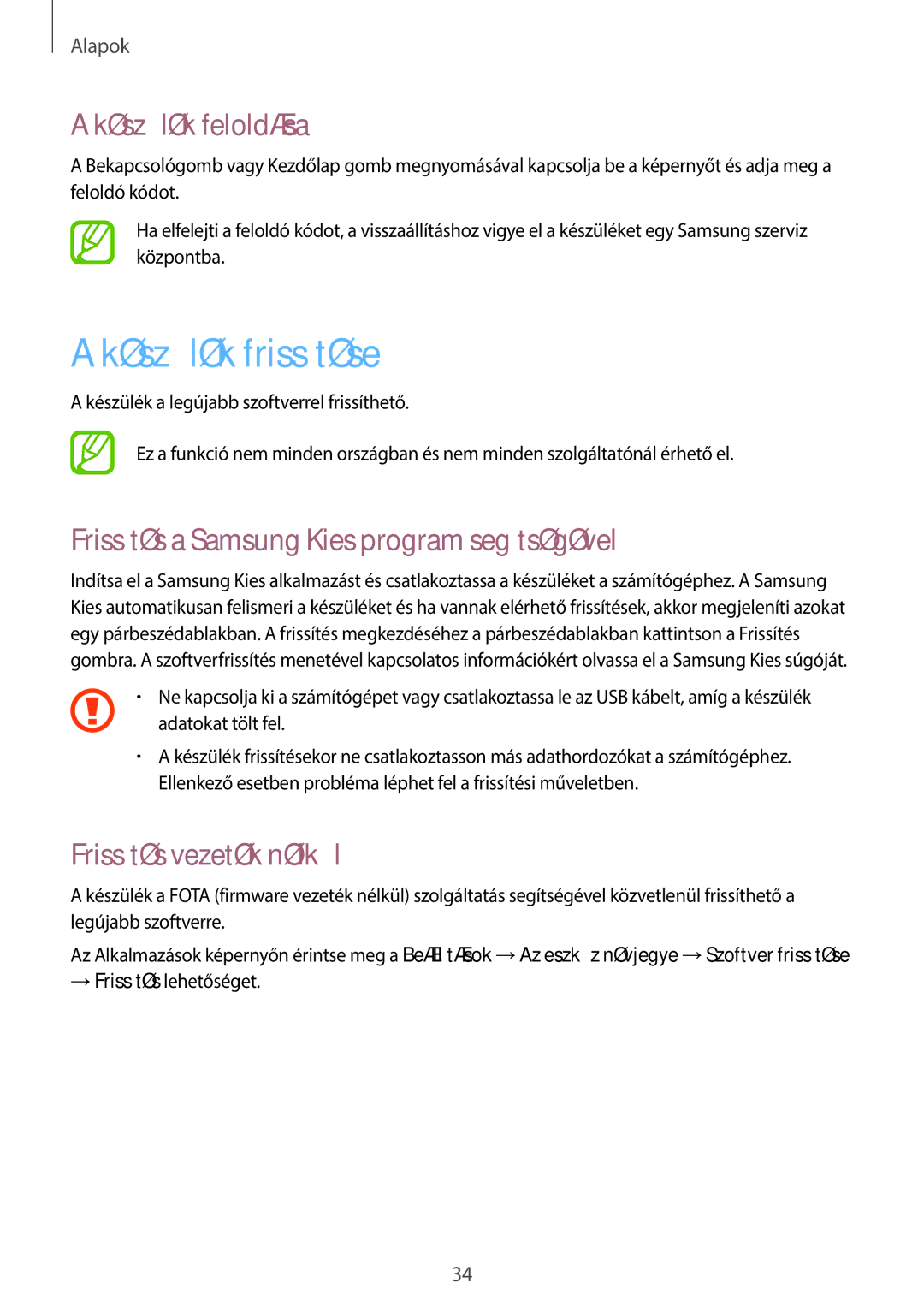 Samsung GT-P5200ZWACNX manual Készülék frissítése, Készülék feloldása, Frissítés a Samsung Kies program segítségével 