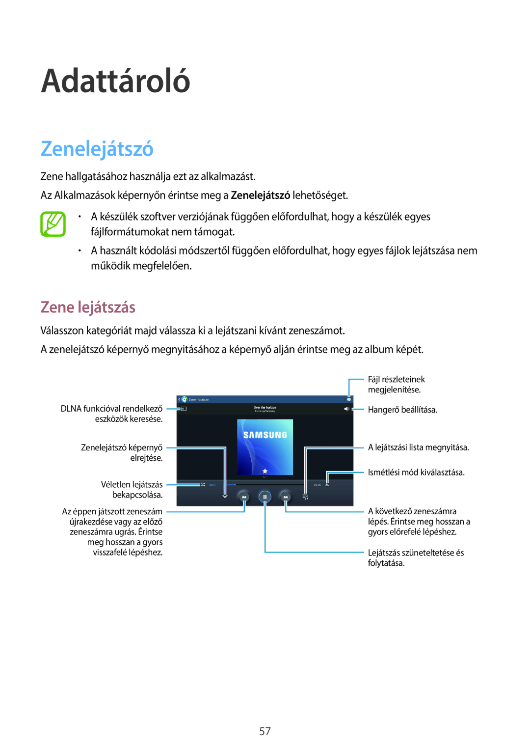 Samsung GT-P5200ZWAEUR, GT-P5200ZWAXEO, GT-P5200MKAATO, GT-P5200ZWATPL manual Adattároló, Zenelejátszó, Zene lejátszás 