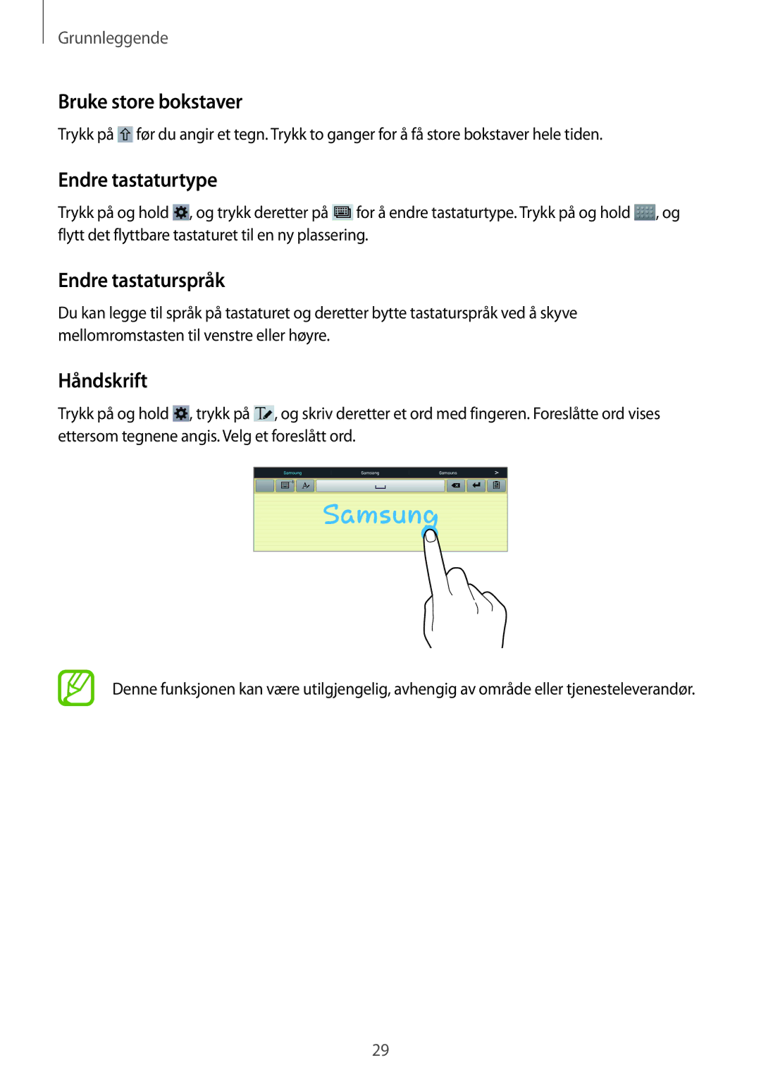 Samsung GT-P5200GNANEE, GT-P5200ZWANEE manual Bruke store bokstaver, Endre tastaturtype, Endre tastaturspråk, Håndskrift 