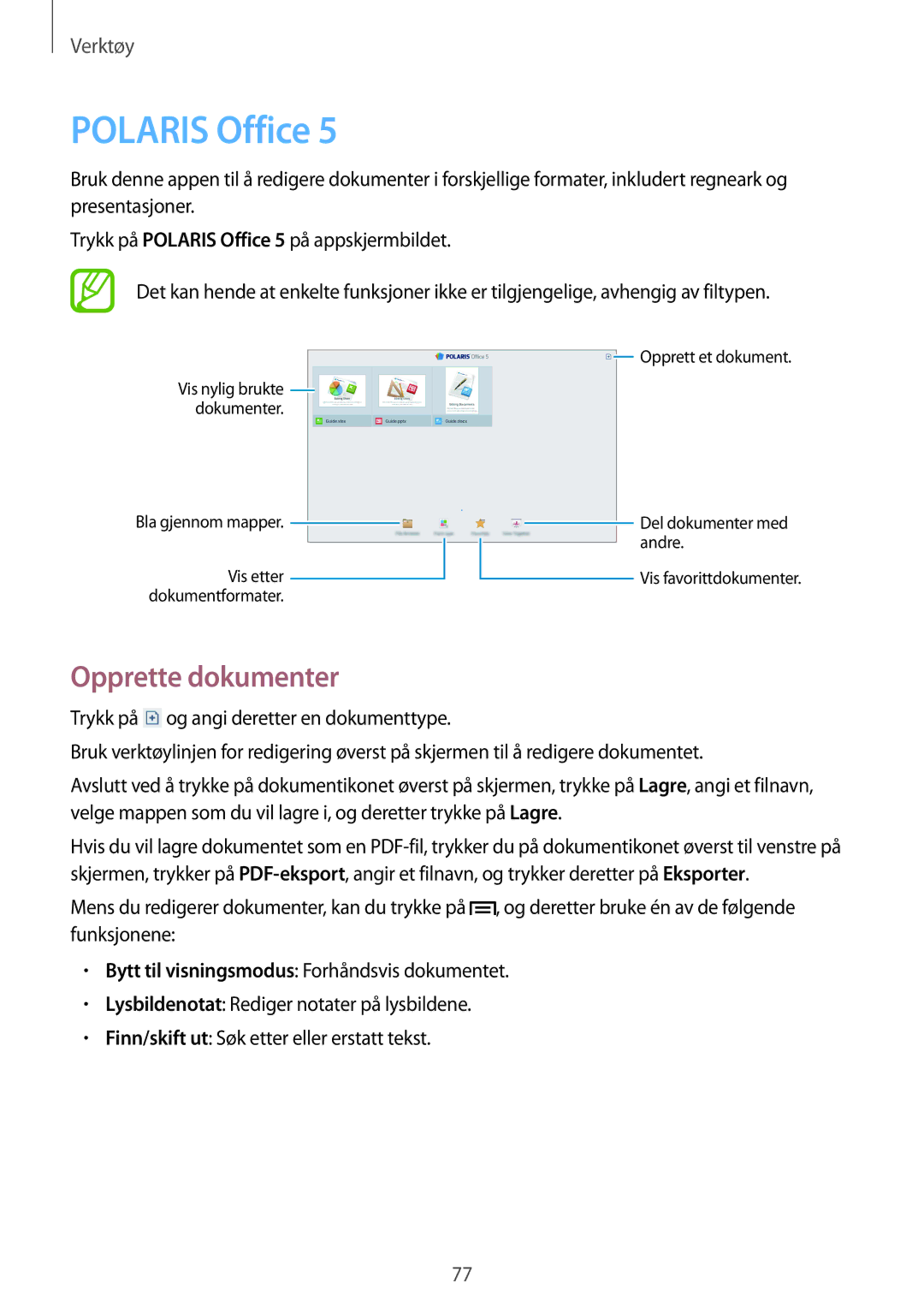 Samsung GT-P5200GNANEE, GT-P5200ZWANEE, GT-P5200MKANEE manual Polaris Office, Opprette dokumenter 