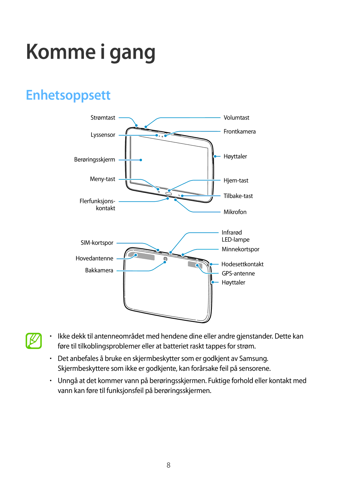 Samsung GT-P5200GNANEE, GT-P5200ZWANEE, GT-P5200MKANEE manual Komme i gang, Enhetsoppsett 
