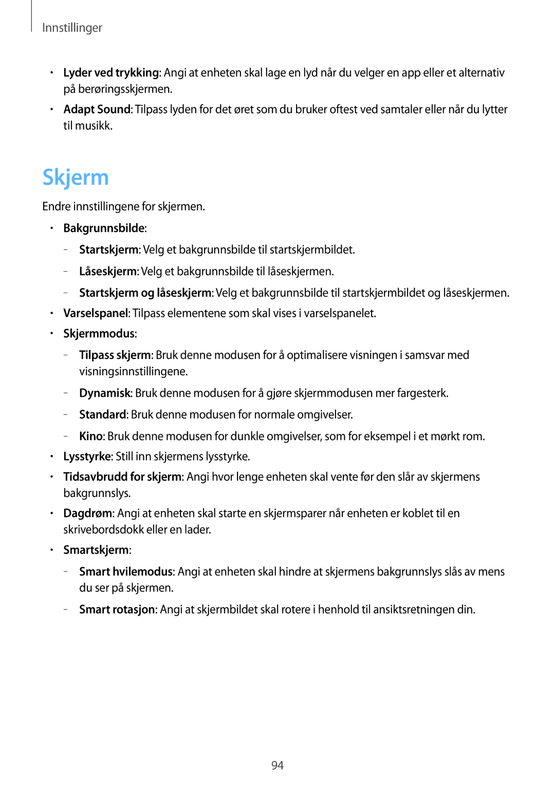 Samsung GT-P5200MKANEE, GT-P5200ZWANEE Endre innstillingene for skjermen, Bakgrunnsbilde, Skjermmodus, Smartskjerm 