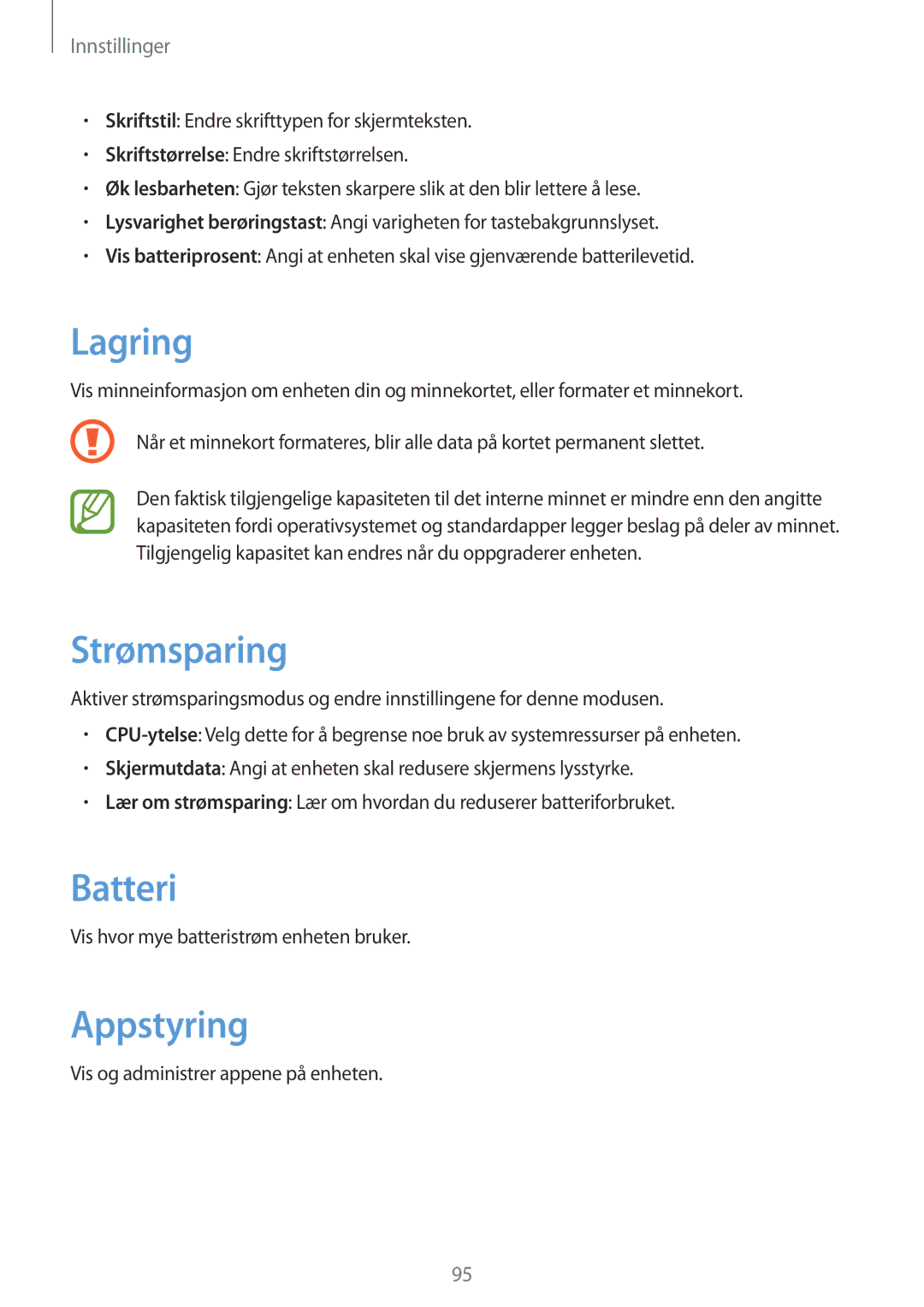 Samsung GT-P5200GNANEE, GT-P5200ZWANEE, GT-P5200MKANEE manual Lagring, Strømsparing, Batteri, Appstyring 