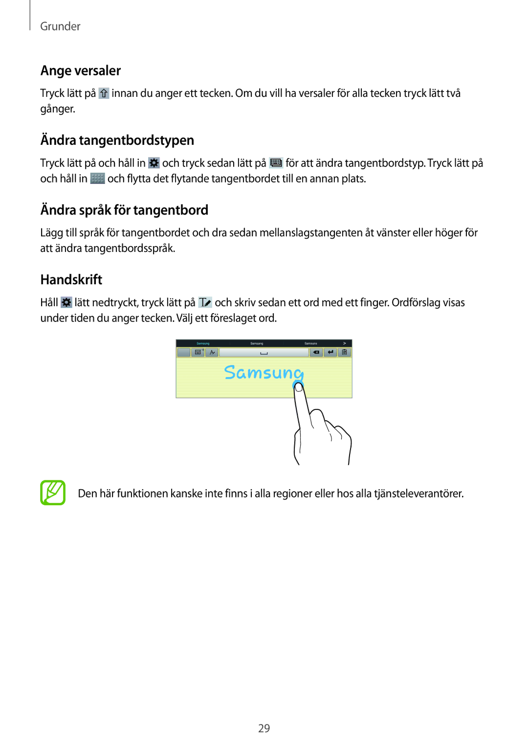 Samsung GT-P5200GNANEE, GT-P5200ZWANEE Ange versaler, Ändra tangentbordstypen, Ändra språk för tangentbord, Handskrift 