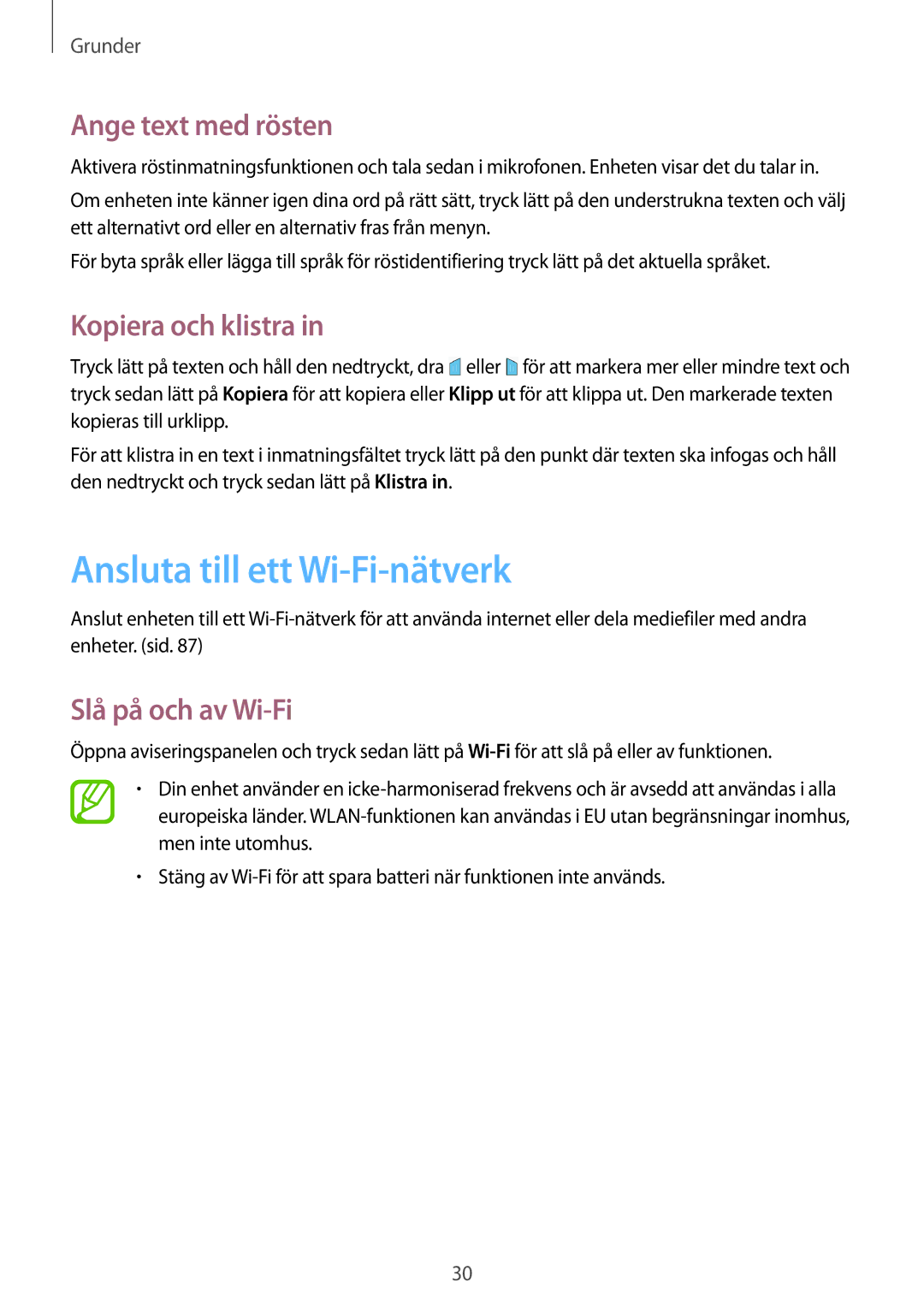 Samsung GT-P5200ZWANEE Ansluta till ett Wi-Fi-nätverk, Ange text med rösten, Kopiera och klistra, Slå på och av Wi-Fi 