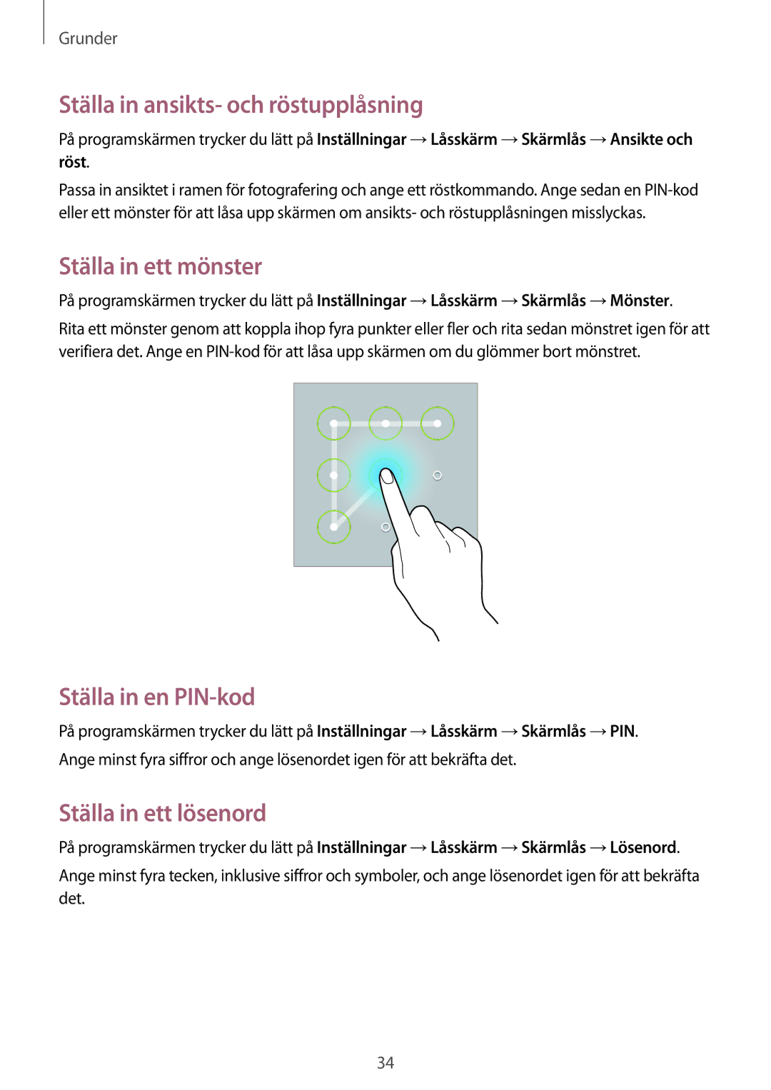 Samsung GT-P5200MKANEE, GT-P5200ZWANEE Ställa in ansikts- och röstupplåsning, Ställa in ett mönster, Ställa in en PIN-kod 