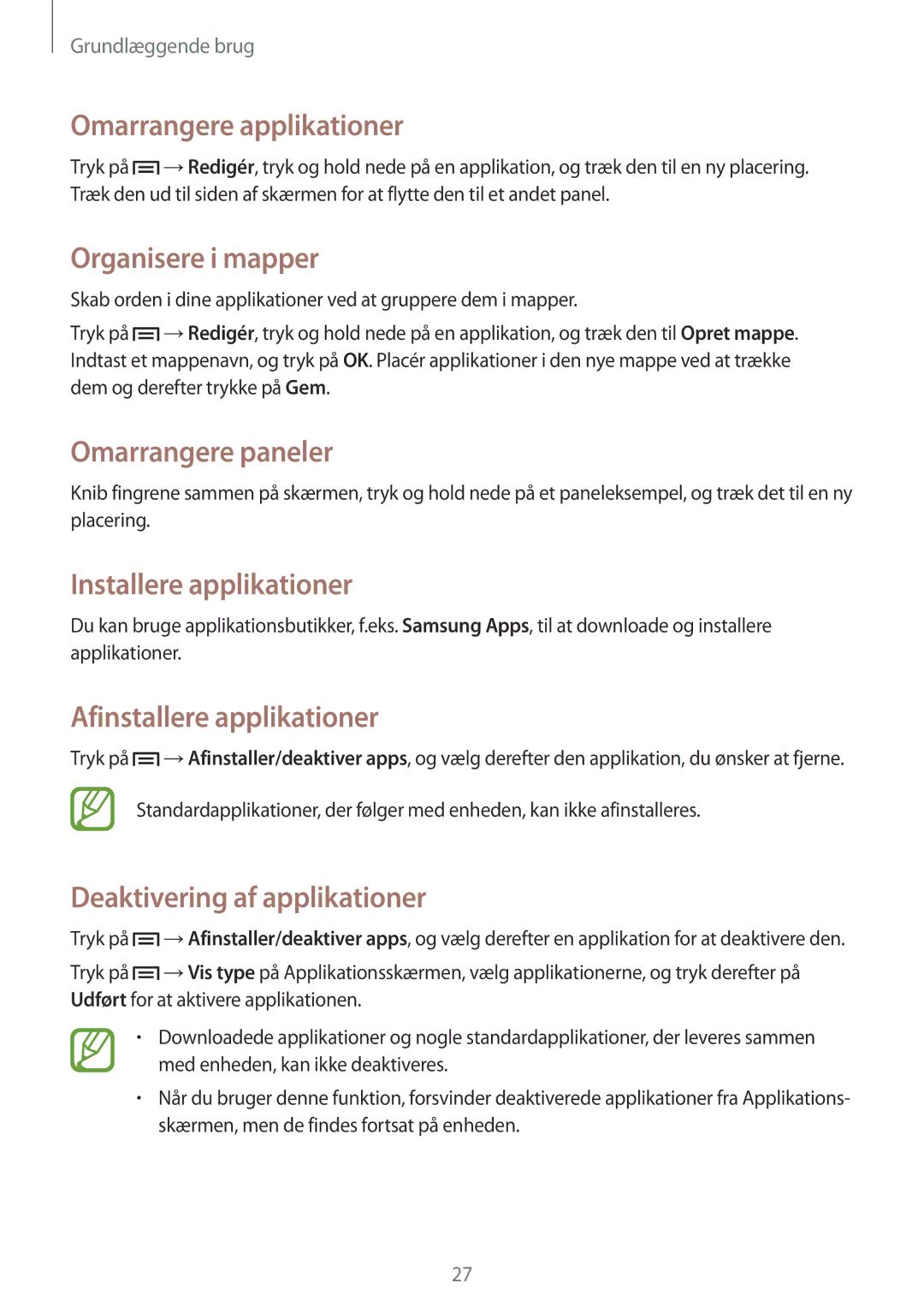 Samsung GT-P5200ZWANEE, GT-P5200MKANEE manual Omarrangere applikationer, Organisere i mapper, Installere applikationer 