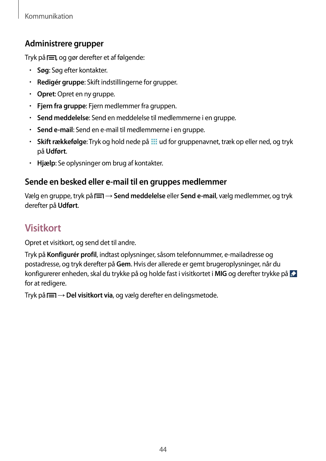Samsung GT-P5200GNANEE manual Visitkort, Administrere grupper, Sende en besked eller e-mail til en gruppes medlemmer 