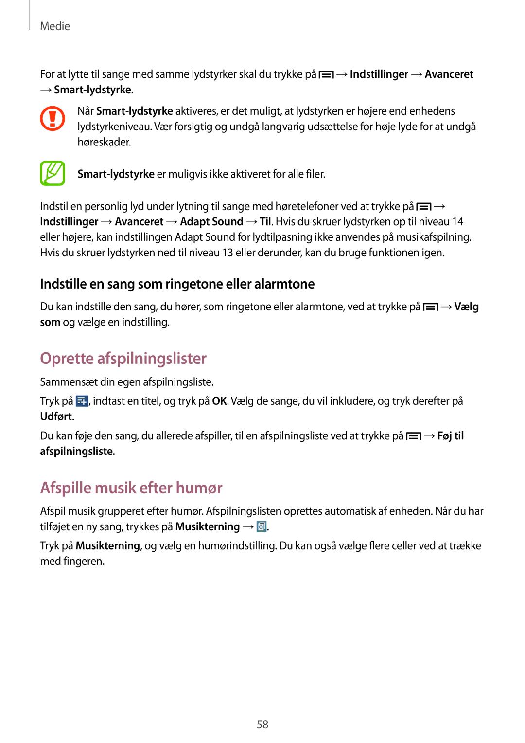 Samsung GT-P5200MKANEE manual Oprette afspilningslister, Afspille musik efter humør, → Smart-lydstyrke, Afspilningsliste 
