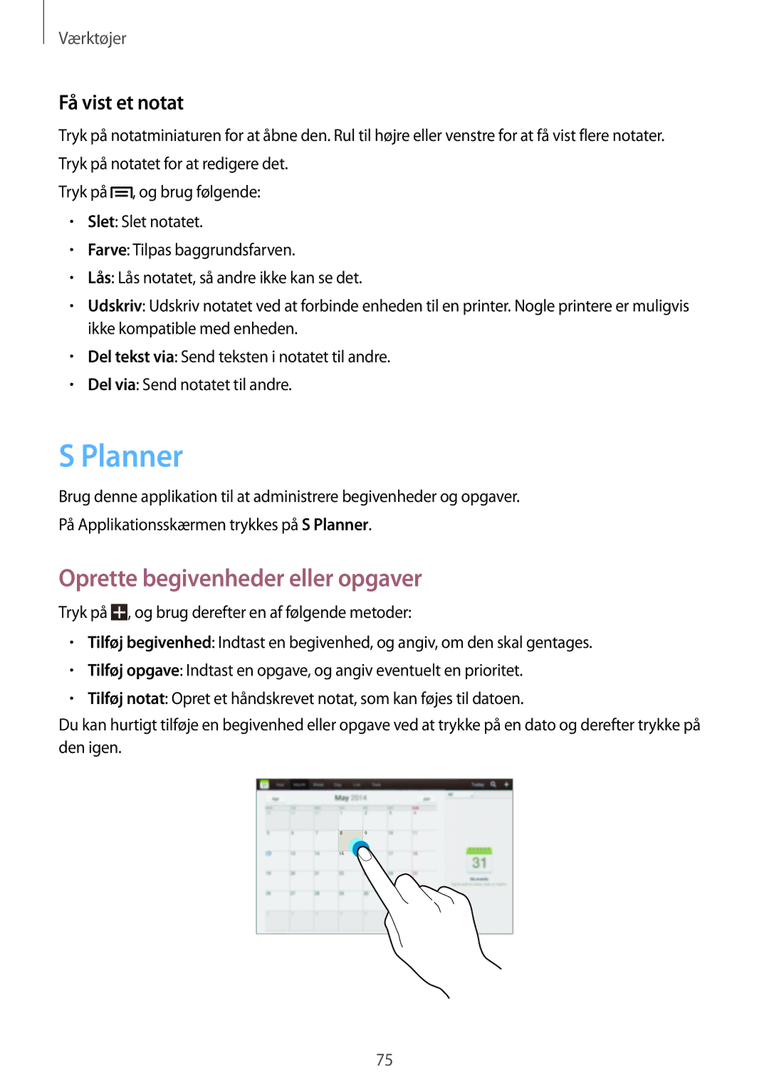 Samsung GT-P5200ZWANEE, GT-P5200MKANEE, GT-P5200GNANEE manual Planner, Oprette begivenheder eller opgaver, Få vist et notat 