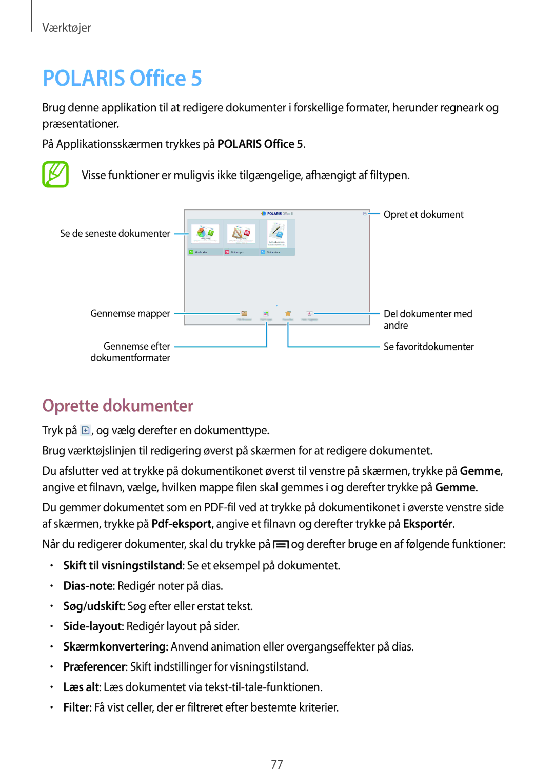 Samsung GT-P5200GNANEE, GT-P5200ZWANEE, GT-P5200MKANEE manual Polaris Office, Oprette dokumenter 
