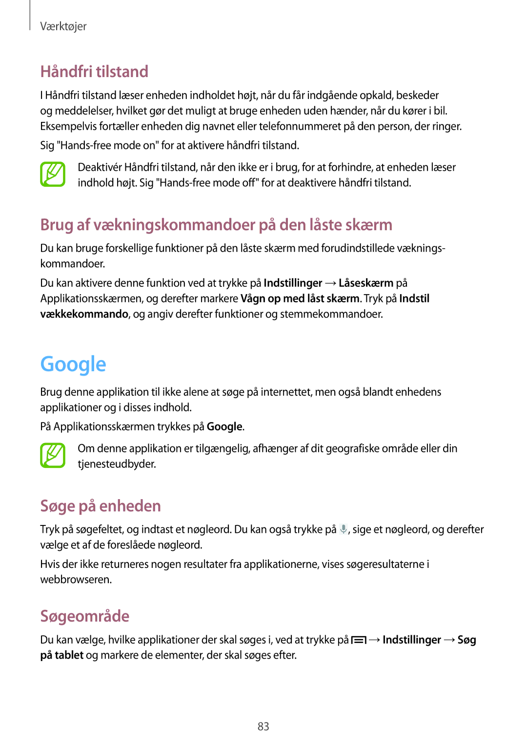 Samsung GT-P5200GNANEE manual Google, Håndfri tilstand, Brug af vækningskommandoer på den låste skærm, Søge på enheden 