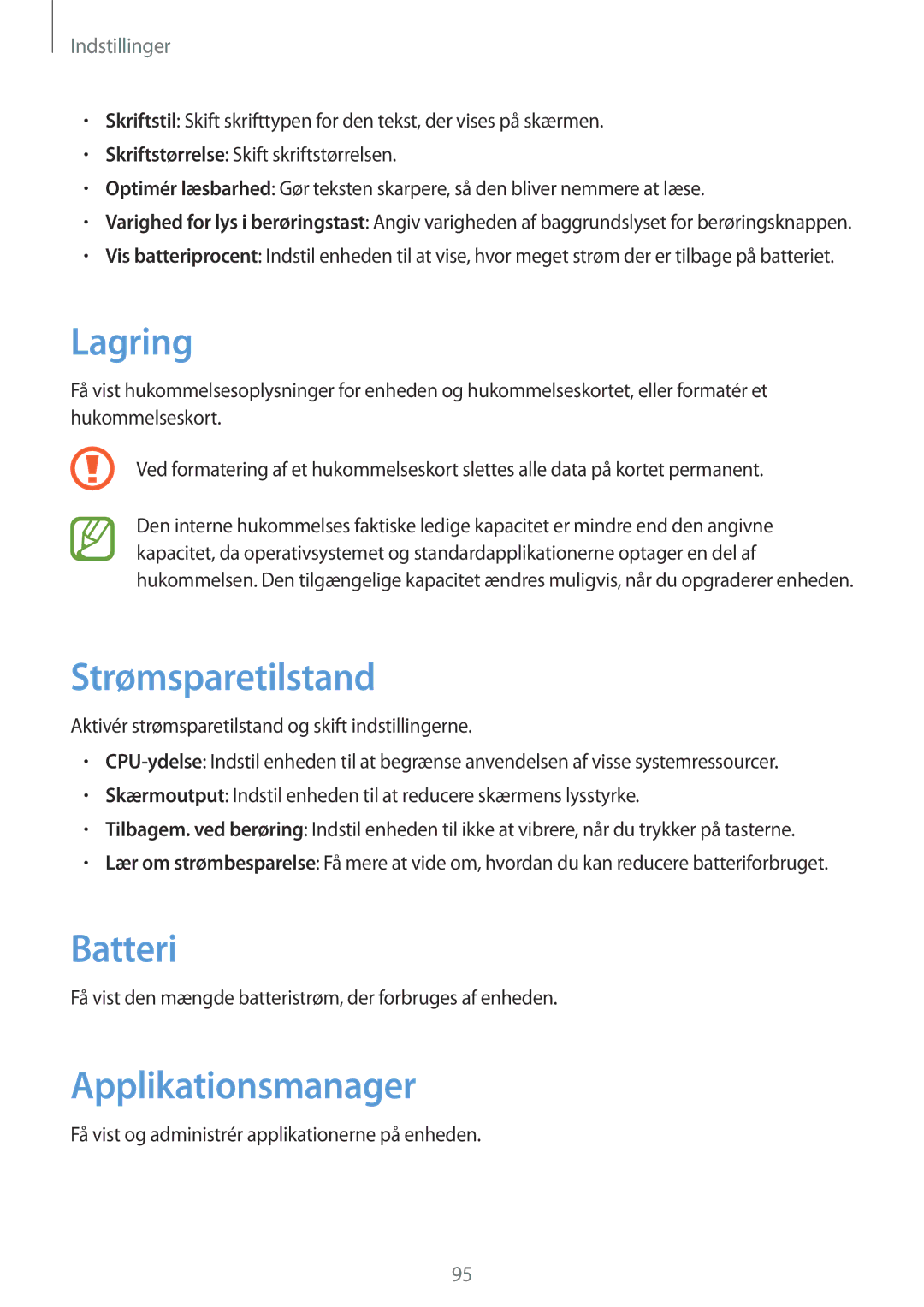 Samsung GT-P5200GNANEE, GT-P5200ZWANEE, GT-P5200MKANEE manual Lagring, Strømsparetilstand, Batteri, Applikationsmanager 