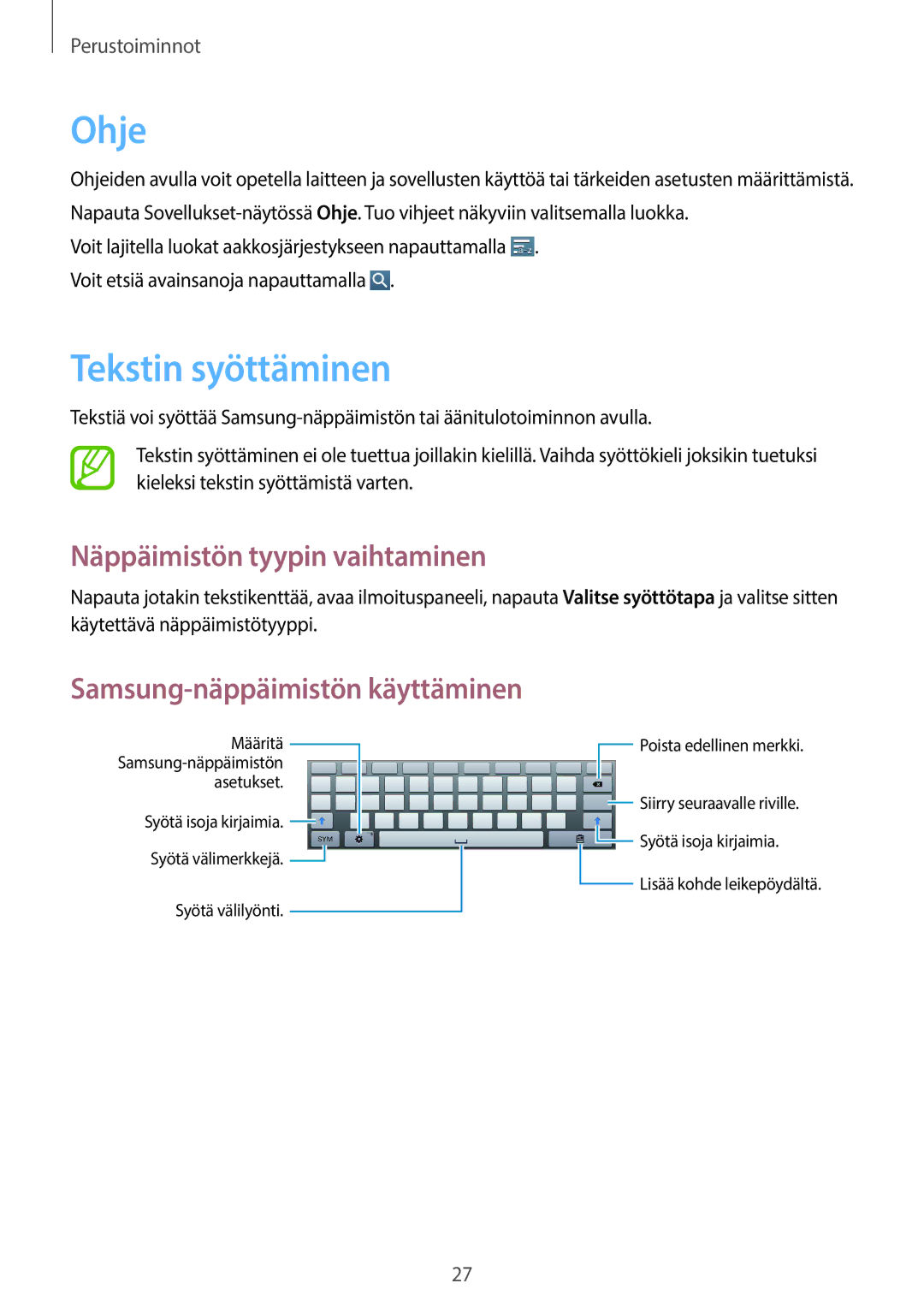 Samsung GT-P5200ZWANEE, GT-P5200MKANEE, GT-P5200GNANEE manual Ohje, Tekstin syöttäminen, Näppäimistön tyypin vaihtaminen 