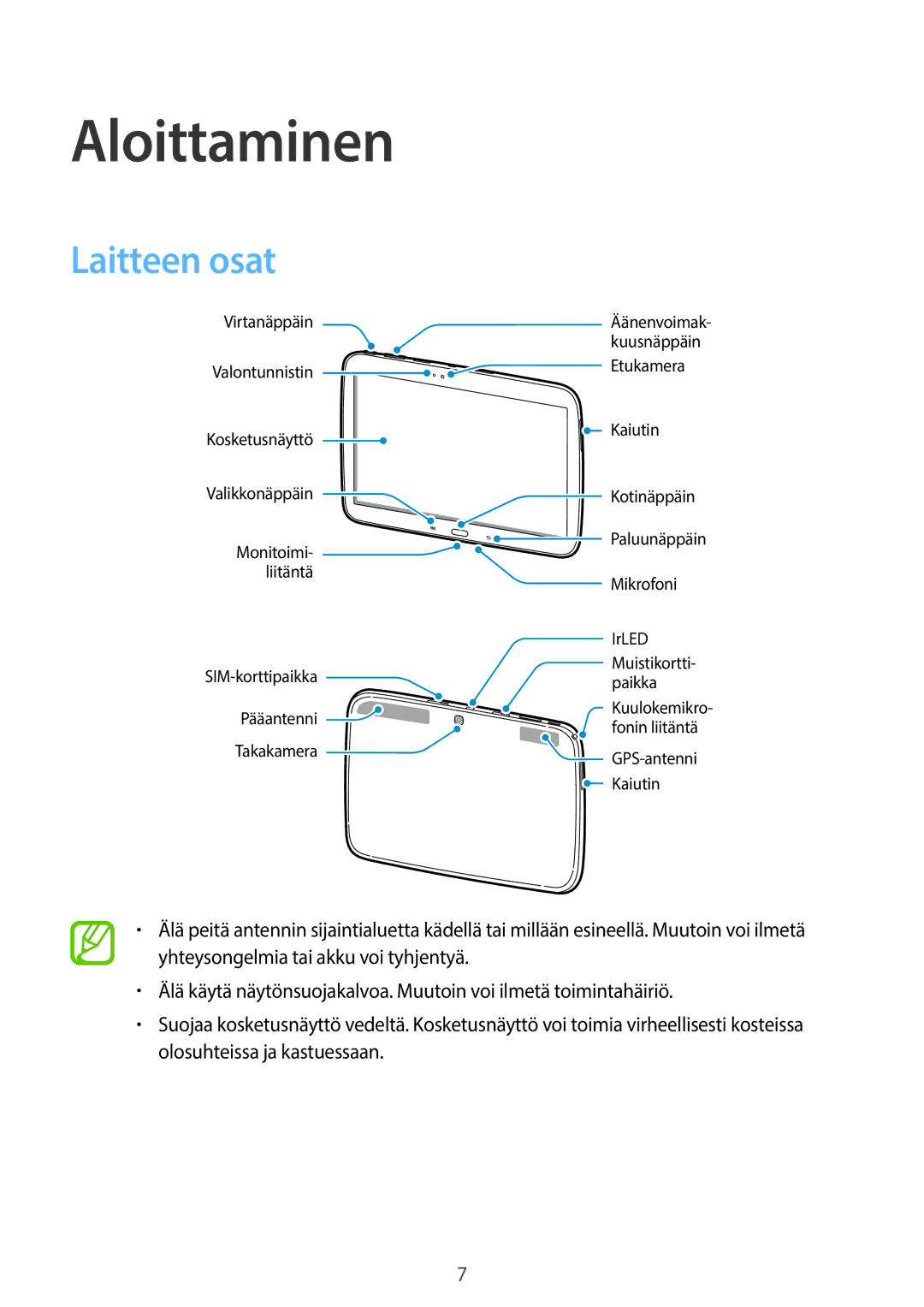 Samsung GT-P5200MKANEE, GT-P5200ZWANEE, GT-P5200GNANEE manual Aloittaminen, Laitteen osat 