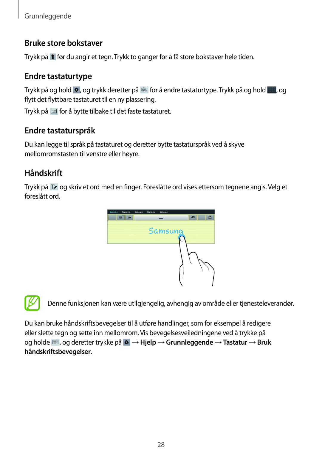 Samsung GT-P5200MKANEE, GT-P5200ZWANEE manual Bruke store bokstaver, Endre tastaturtype, Endre tastaturspråk, Håndskrift 