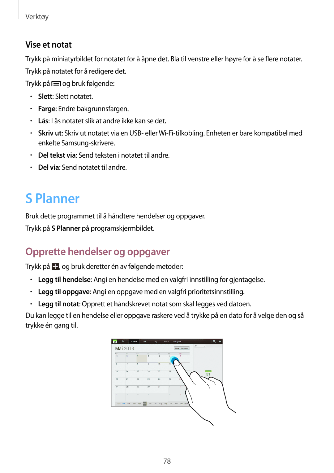 Samsung GT-P5200ZWANEE, GT-P5200MKANEE, GT-P5200GNANEE manual Planner, Opprette hendelser og oppgaver, Vise et notat 