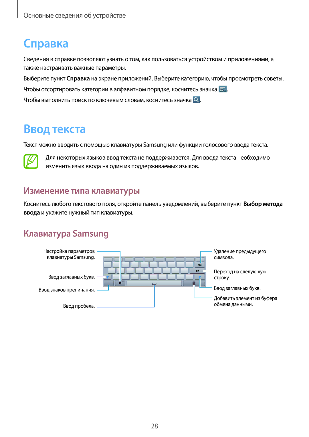 Samsung GT-P5200GRAMGF, GT-P5200ZWASEB, GT-P5200MKASEB Справка, Ввод текста, Изменение типа клавиатуры, Клавиатура Samsung 