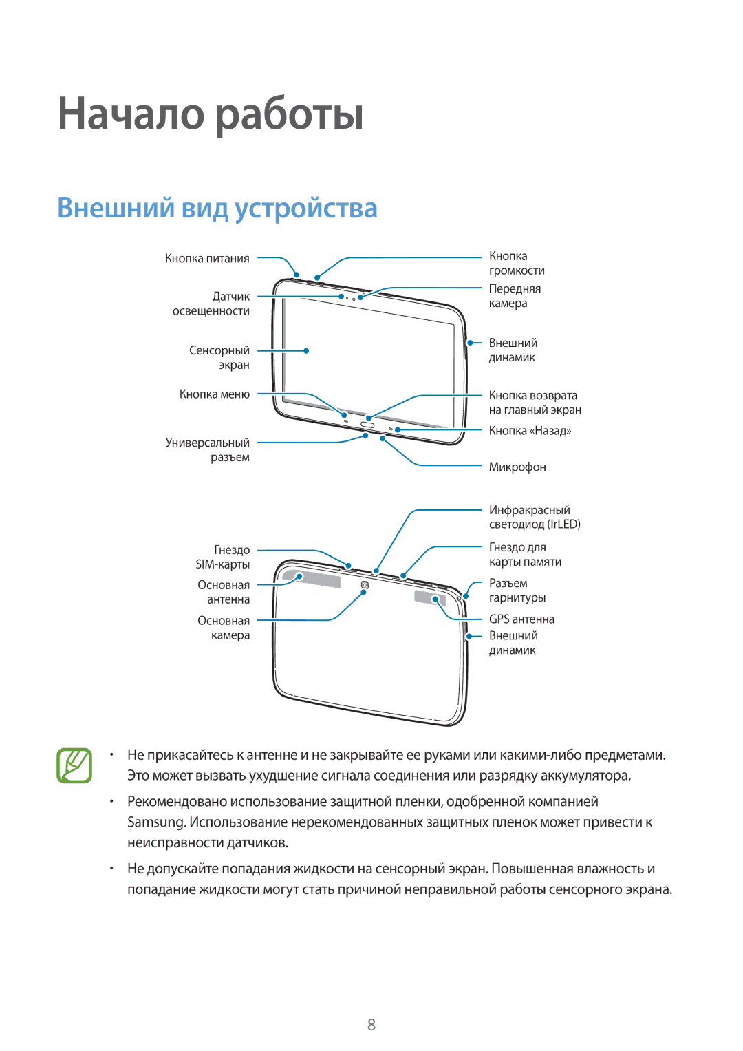 Samsung GT-P5200GRASER, GT-P5200ZWASEB, GT-P5200MKASEB, GT-P5200GRAMGF, GT-P5200GNAMGF Начало работы, Внешний вид устройства 