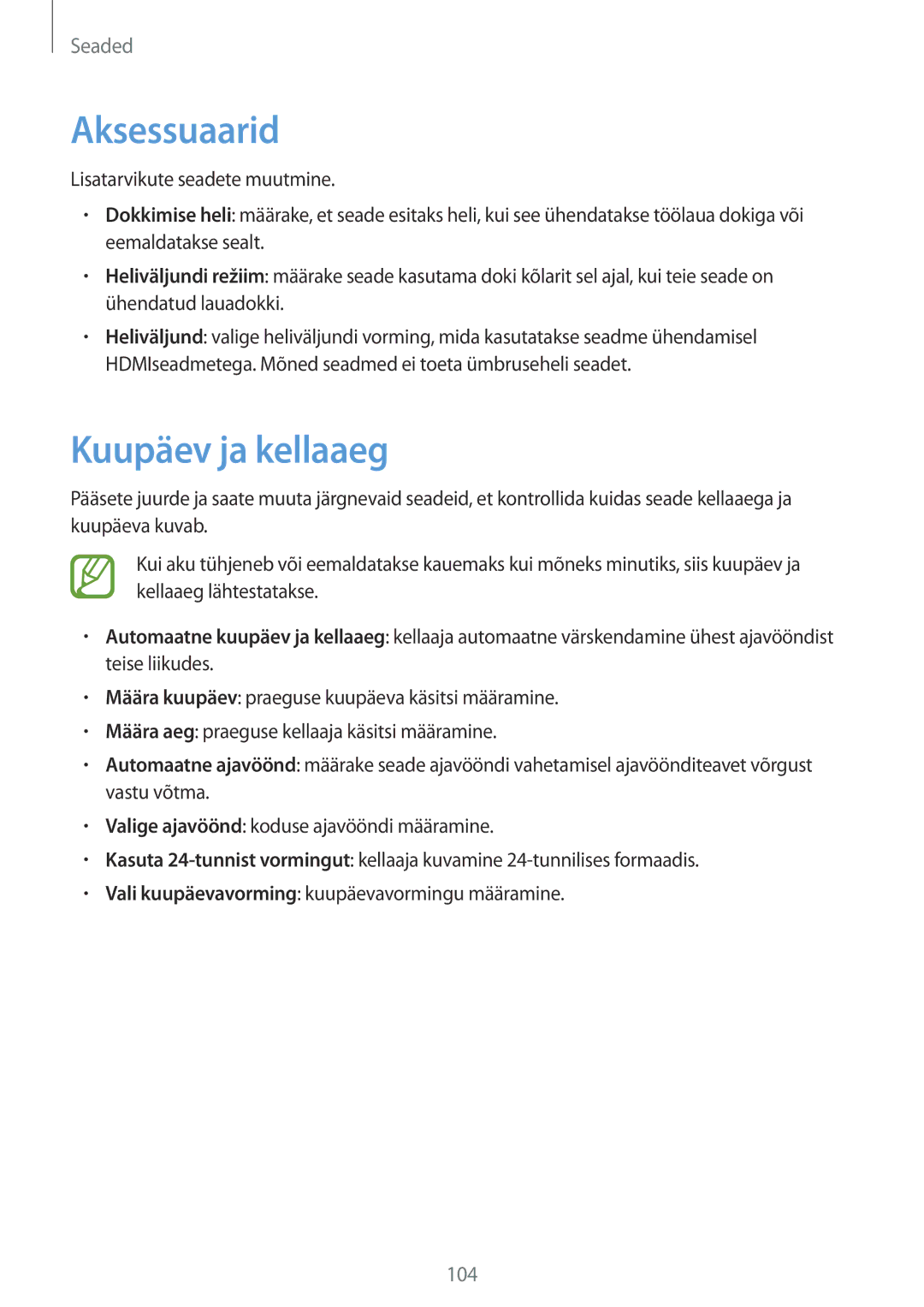 Samsung GT-P5200ZWASEB, GT-P5200MKASEB manual Aksessuaarid, Kuupäev ja kellaaeg 