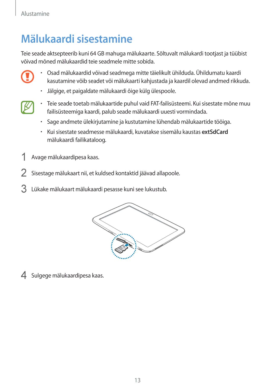 Samsung GT-P5200MKASEB, GT-P5200ZWASEB manual Mälukaardi sisestamine, Jälgige, et paigaldate mälukaardi õige külg ülespoole 