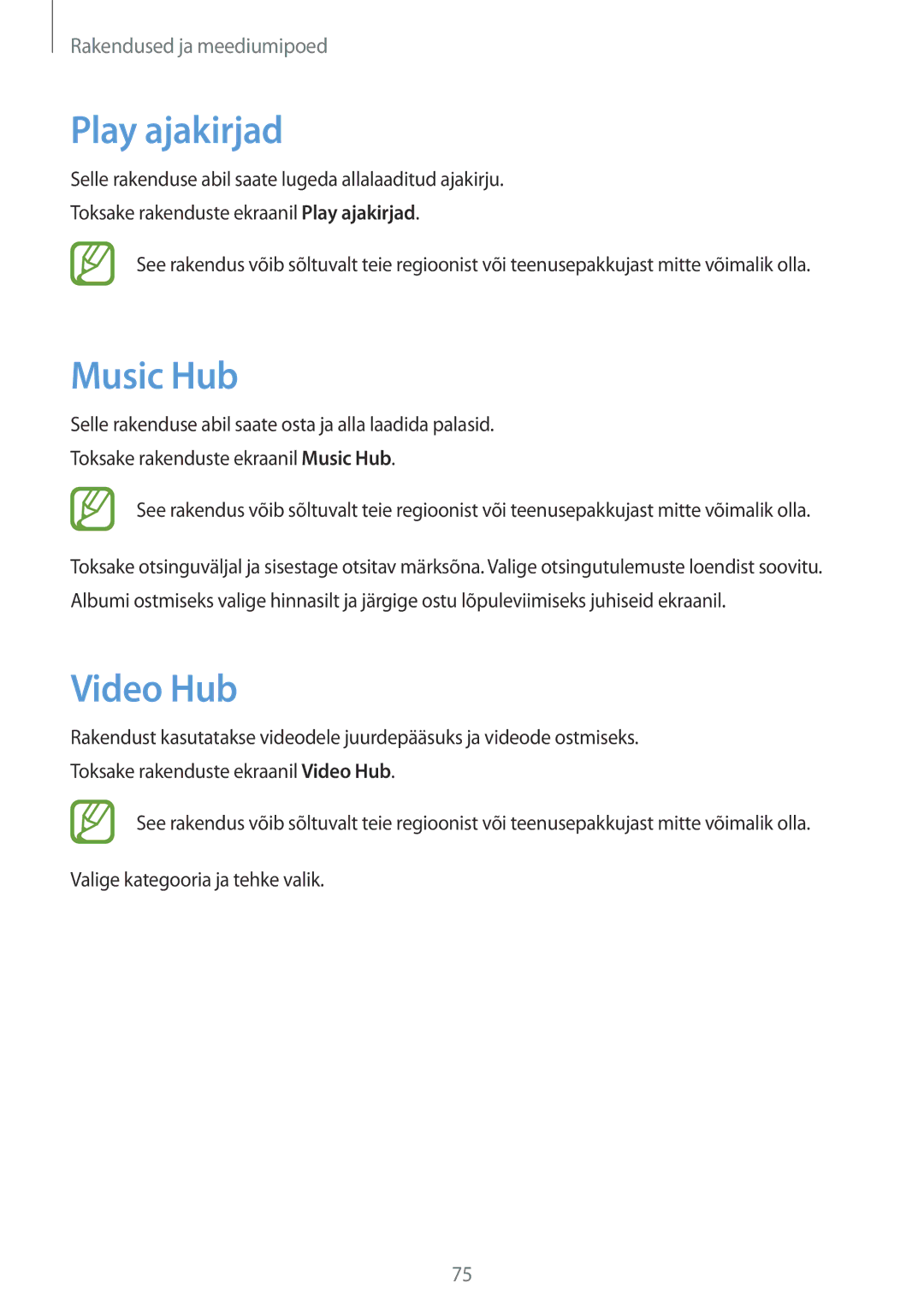 Samsung GT-P5200MKASEB, GT-P5200ZWASEB manual Play ajakirjad, Music Hub, Video Hub 
