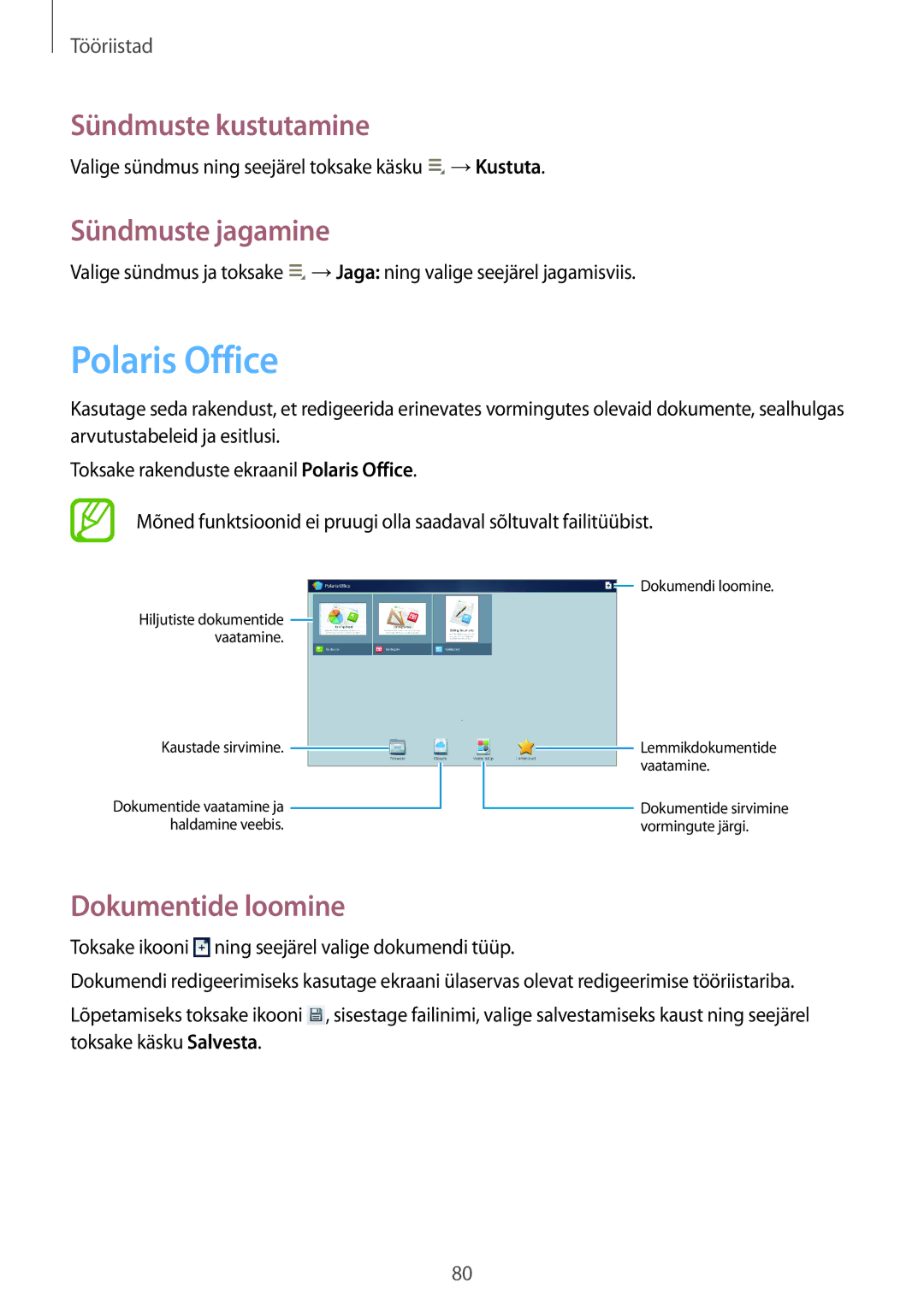 Samsung GT-P5200ZWASEB, GT-P5200MKASEB manual Polaris Office, Sündmuste kustutamine, Sündmuste jagamine, Dokumentide loomine 