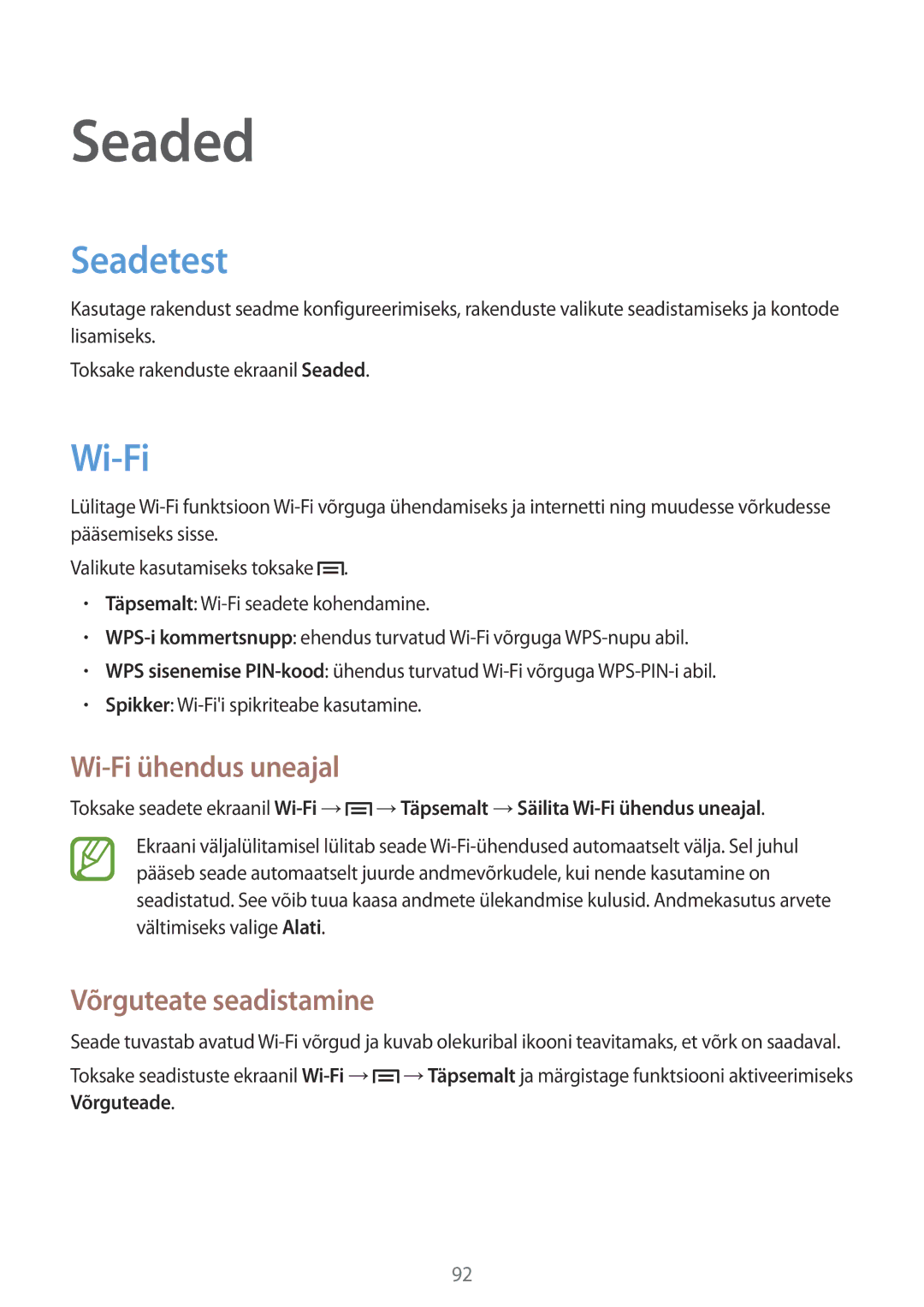 Samsung GT-P5200ZWASEB, GT-P5200MKASEB manual Seaded, Seadetest, Wi-Fi ühendus uneajal, Võrguteate seadistamine 