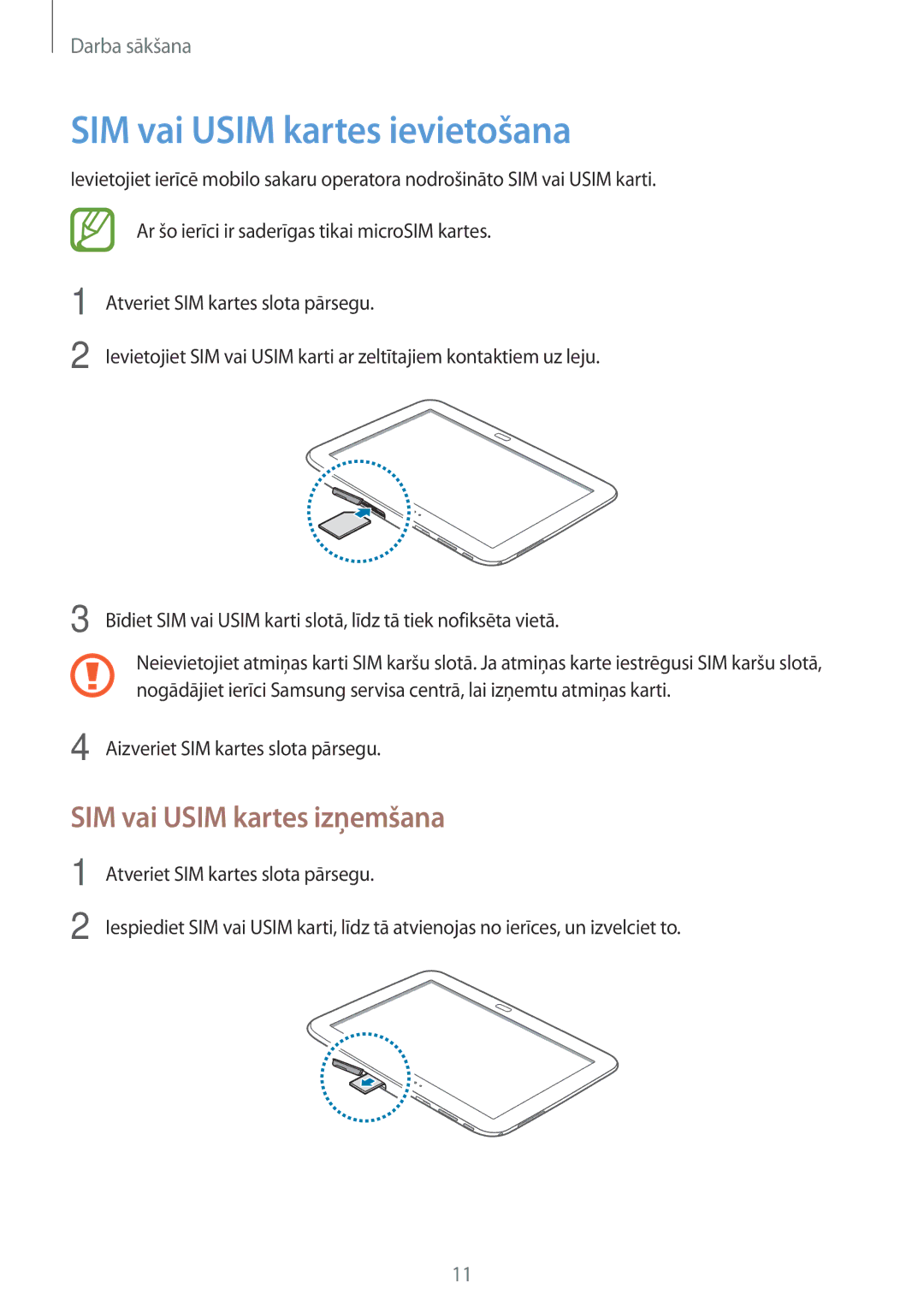 Samsung GT-P5200MKASEB, GT-P5200ZWASEB manual SIM vai Usim kartes ievietošana, SIM vai Usim kartes izņemšana 