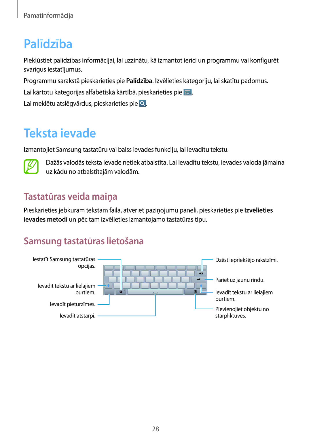 Samsung GT-P5200ZWASEB, GT-P5200MKASEB manual Palīdzība, Teksta ievade, Tastatūras veida maiņa, Samsung tastatūras lietošana 