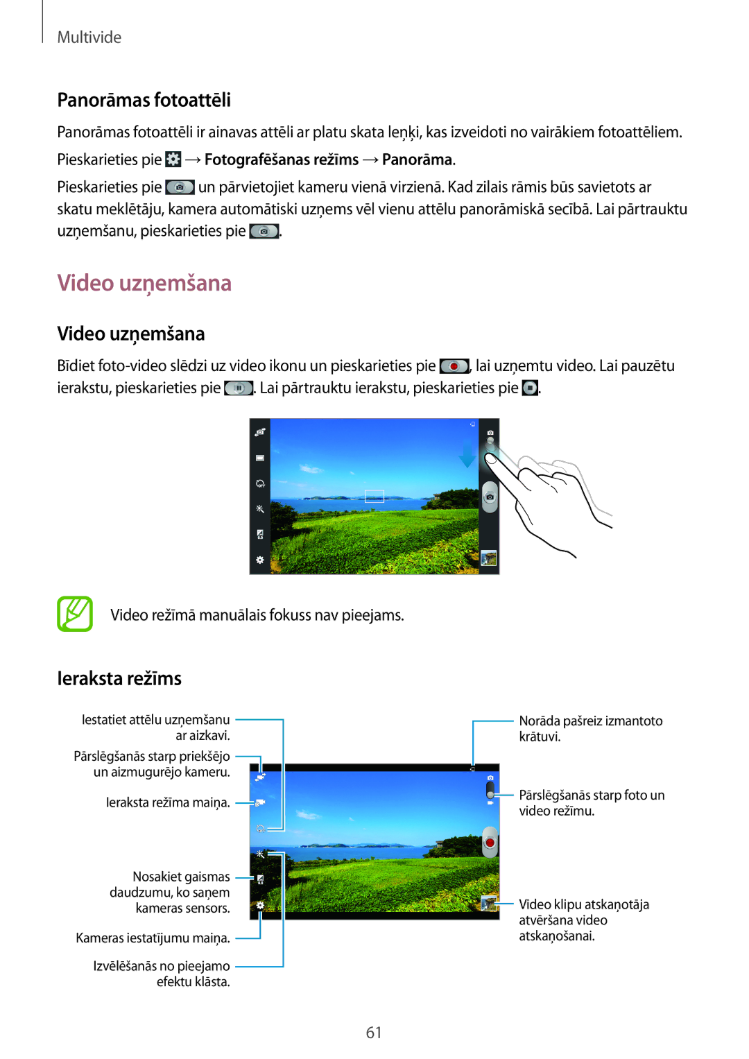 Samsung GT-P5200MKASEB, GT-P5200ZWASEB manual Video uzņemšana, Panorāmas fotoattēli, Ieraksta režīms 