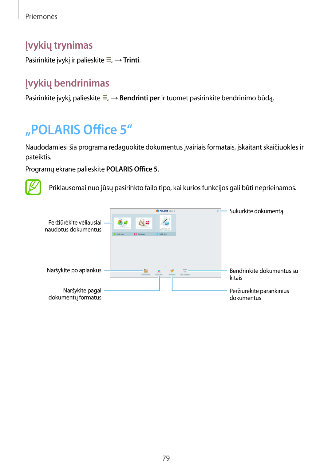 Samsung GT-P5200MKASEB, GT-P5200ZWASEB manual „POLARIS Office, Įvykių trynimas, Įvykių bendrinimas 