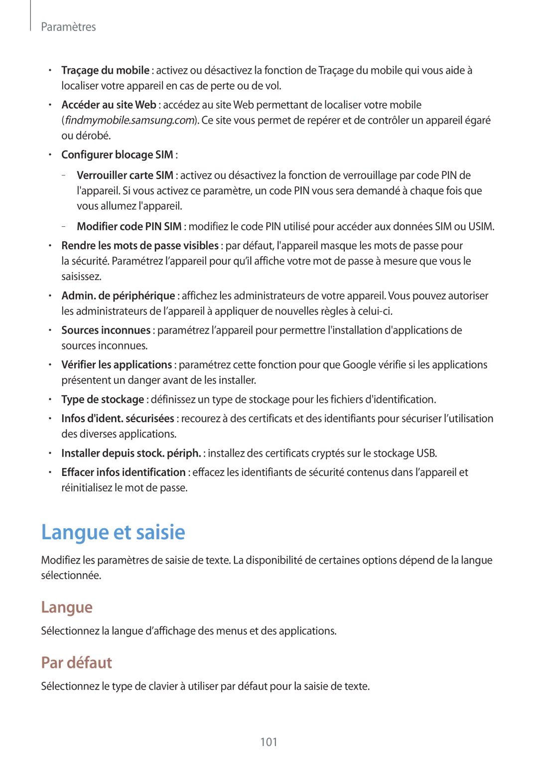 Samsung GT-P5200ZWAXEF manual Langue et saisie, Par défaut, Configurer blocage SIM 