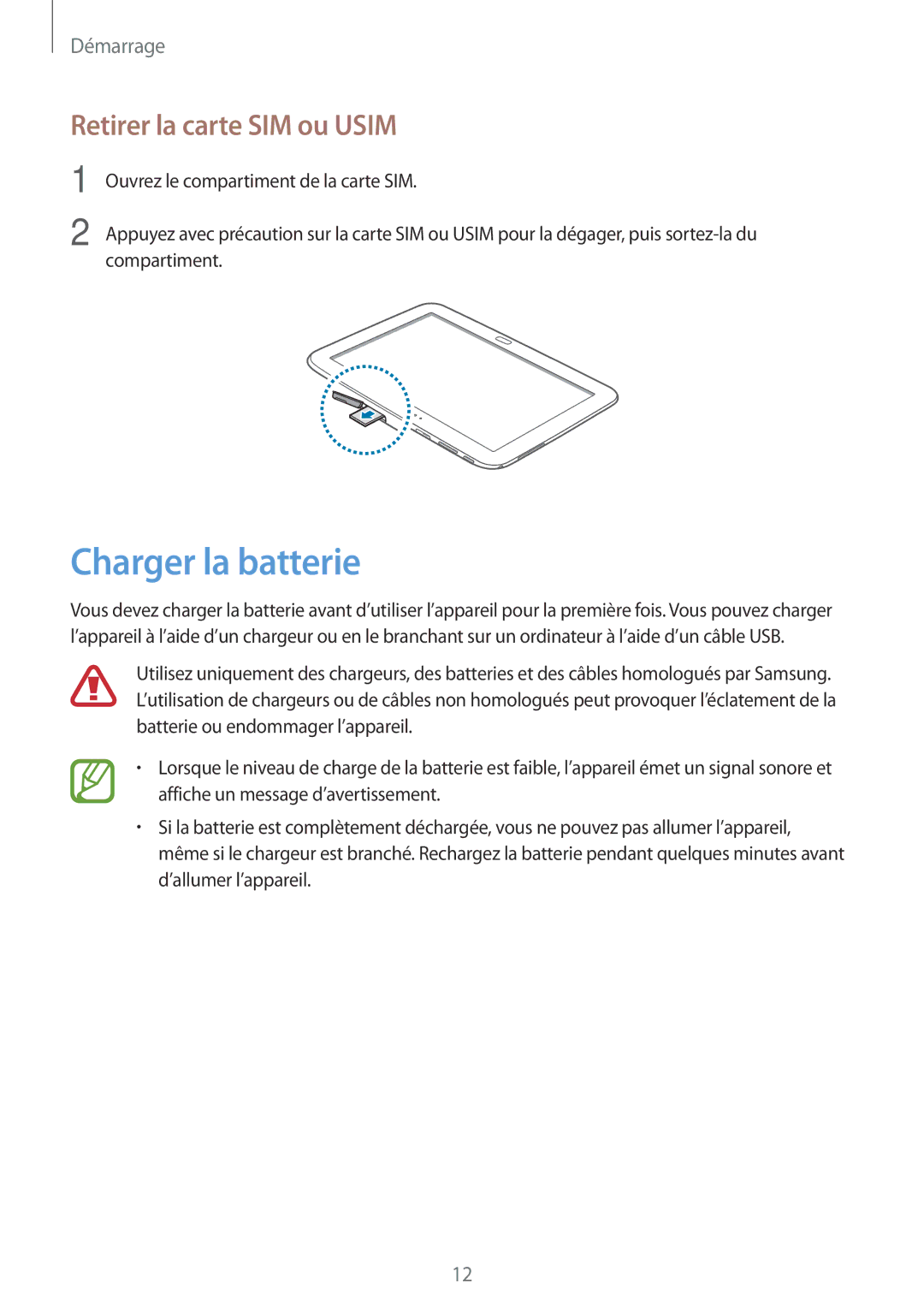 Samsung GT-P5200ZWAXEF manual Charger la batterie, Retirer la carte SIM ou Usim 