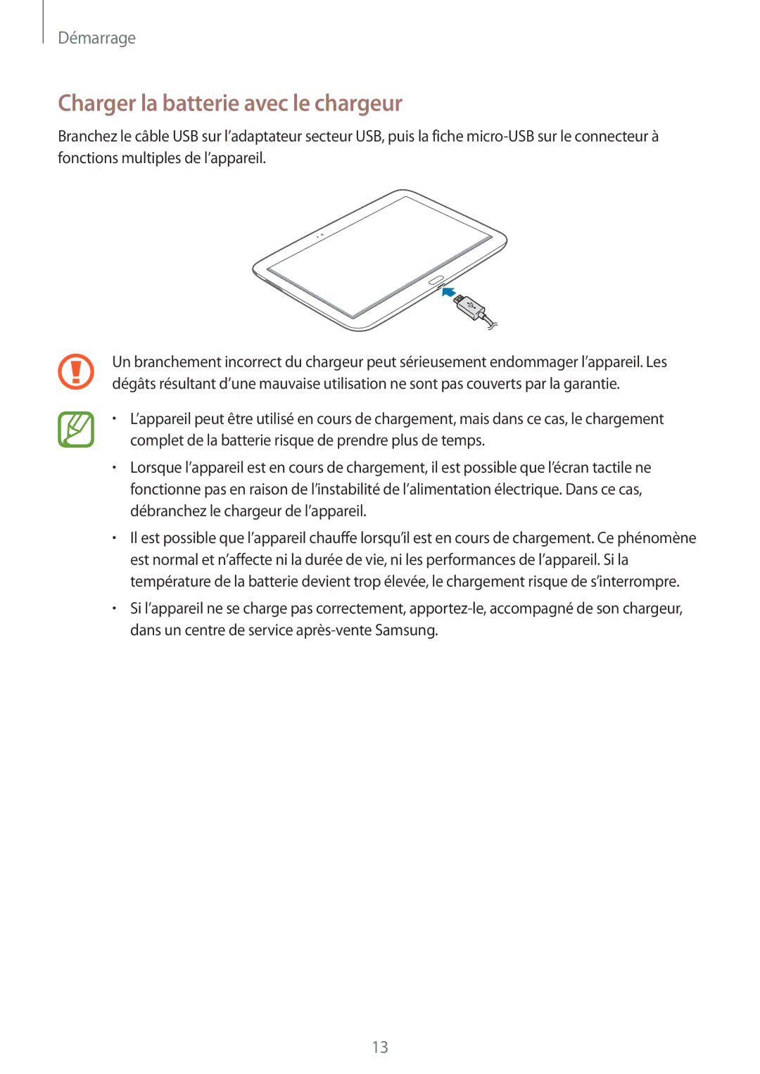 Samsung GT-P5200ZWAXEF manual Charger la batterie avec le chargeur 