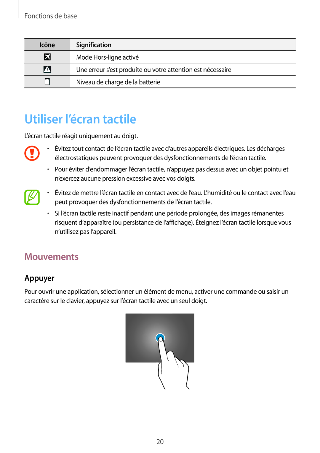 Samsung GT-P5200ZWAXEF manual Utiliser l’écran tactile, Mouvements, Appuyer 