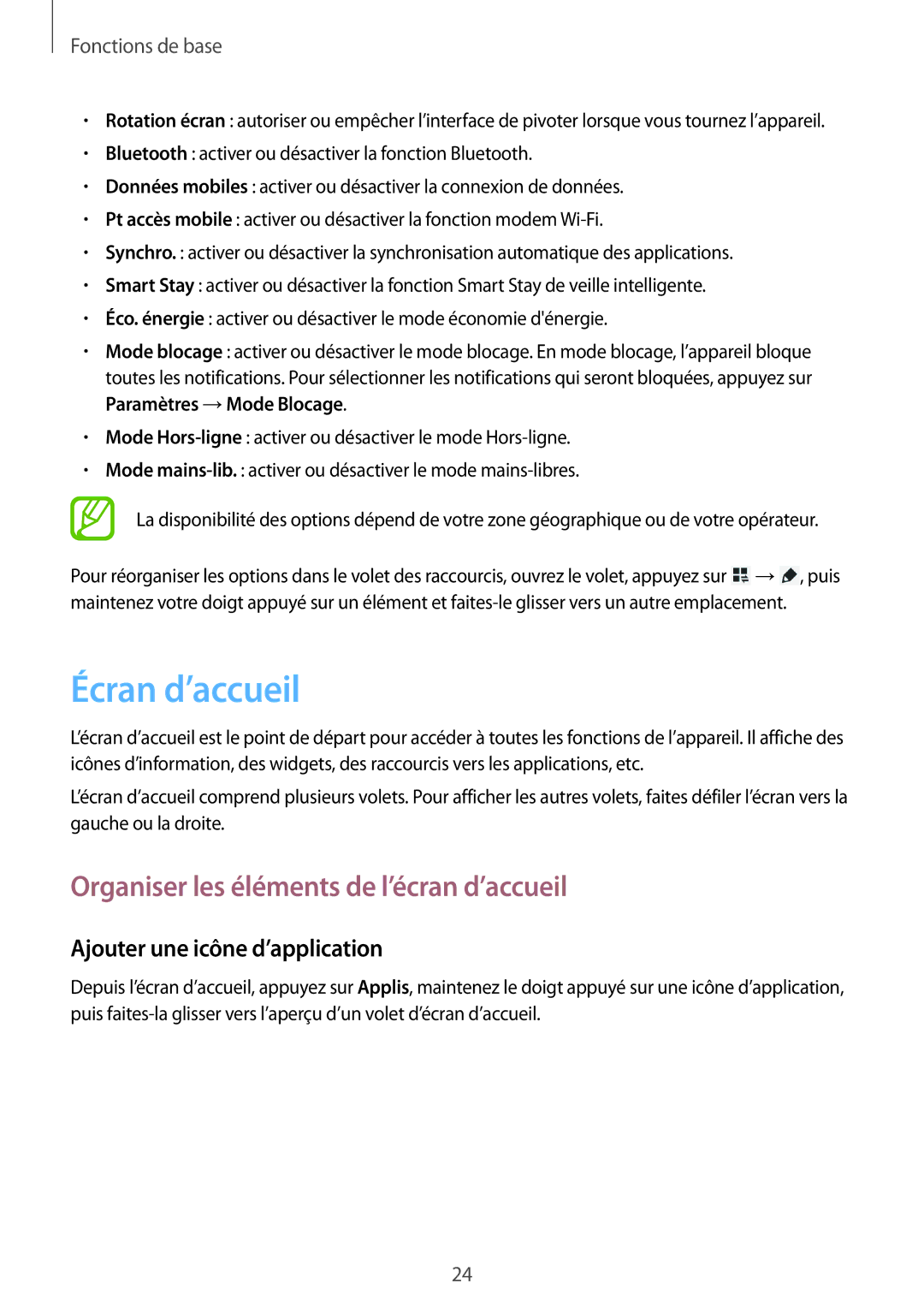 Samsung GT-P5200ZWAXEF manual Écran d’accueil, Organiser les éléments de l’écran d’accueil, Ajouter une icône d’application 